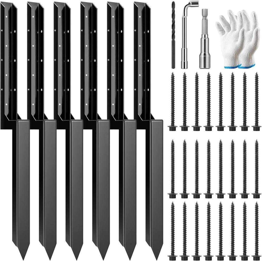 VIVOSUN Fence Post Repair Kit, Heavy-Duty Ground Spike with Gloves for Repairing Tilted or Broken Wood Posts (6 Pack, Black)