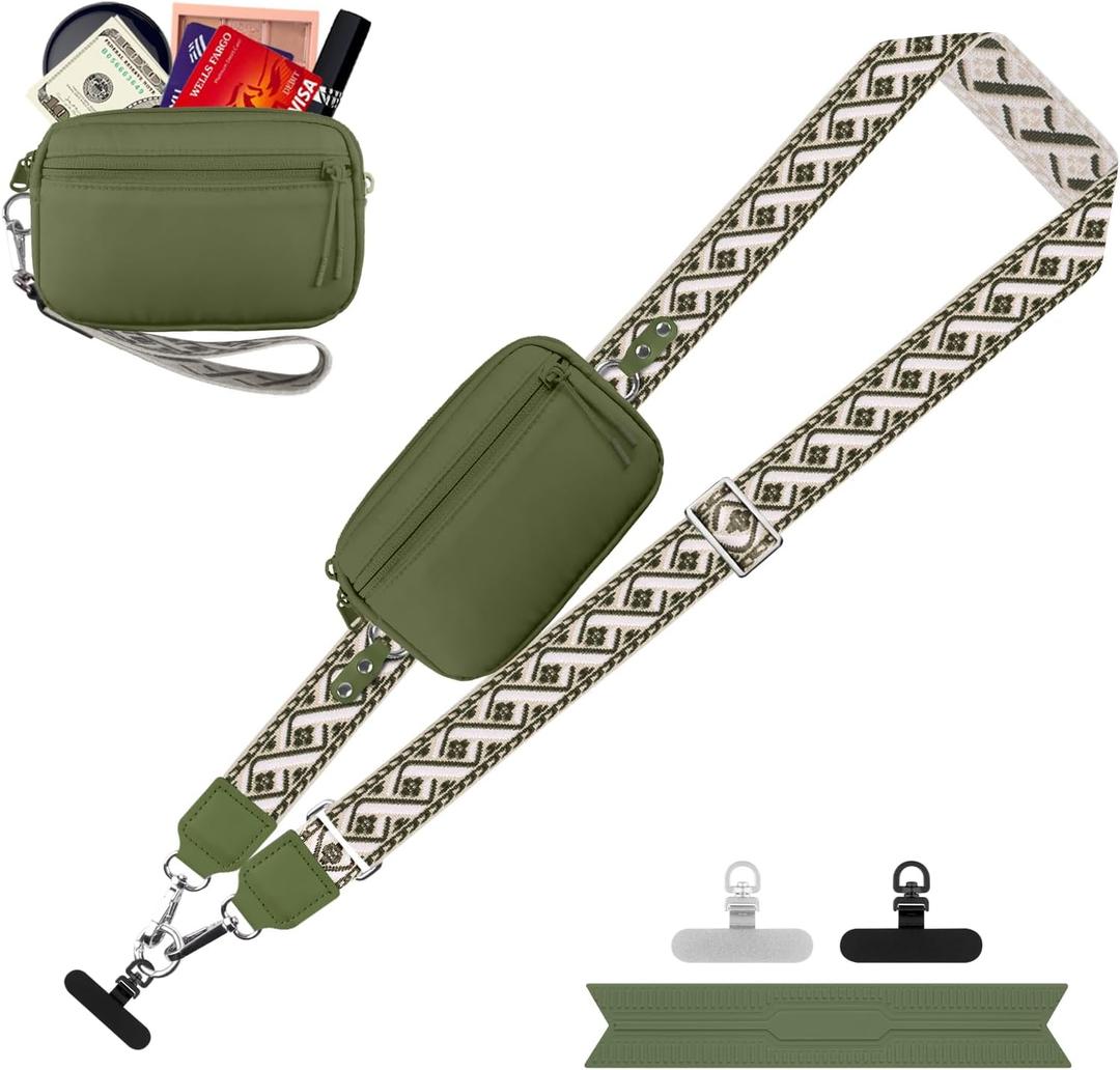 YFWE Clip and Go Strap for Phone with Wallet Crossbody, Adjustable Phone Lanyard with Detachable RFID Wristlet Wallet, Pattern Strap - Olive Green(M)