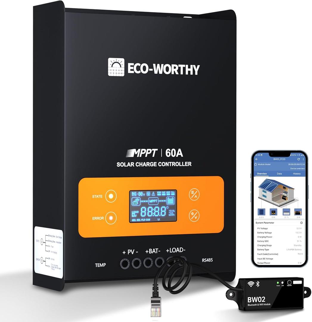 ECO-WORTHY 60A MPPT Solar Charge Controller with Bluetooth&WiFi, Max PV Input 150V, 12/ 24/ 36/ 48V Solar Panel Regulator for Lead-Acid/ Lifepo4 Battery in Solar System RV