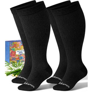 Wide Calf Bamboo Viscose Compression Socks for Women | Graduated 15-20mmHg, 2-Pair, Knee High, Plus Size, Easy On/Off, Cute, Nurse Pregnancy Travel, Daily Wear, Black, Large/X-Large