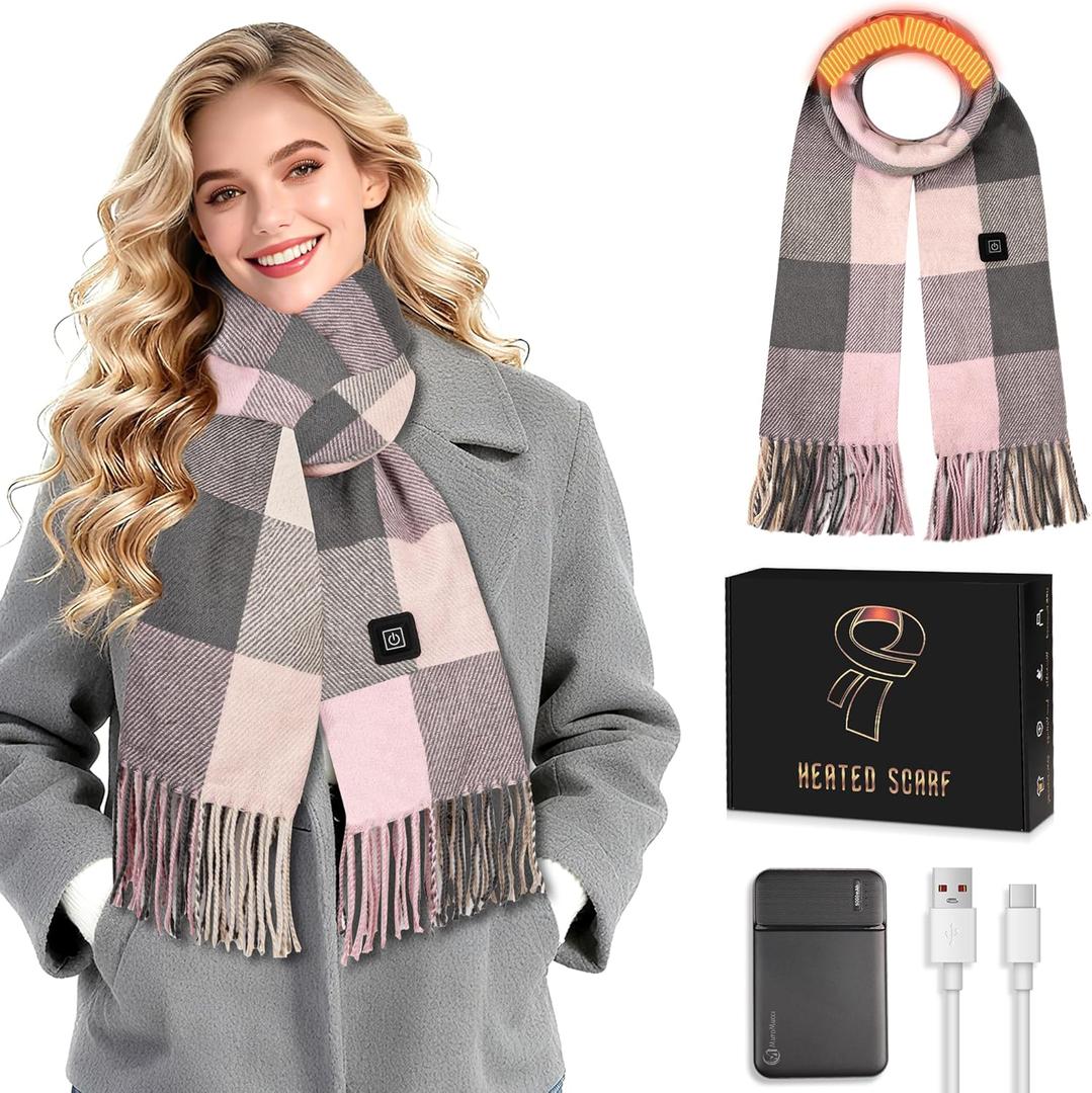 Heated Scarf for Men Women, Heating Scarf for Neck Warmer with Portable 5000mAh Battery 3 Temperature Adjustable (Pink Square Grey)