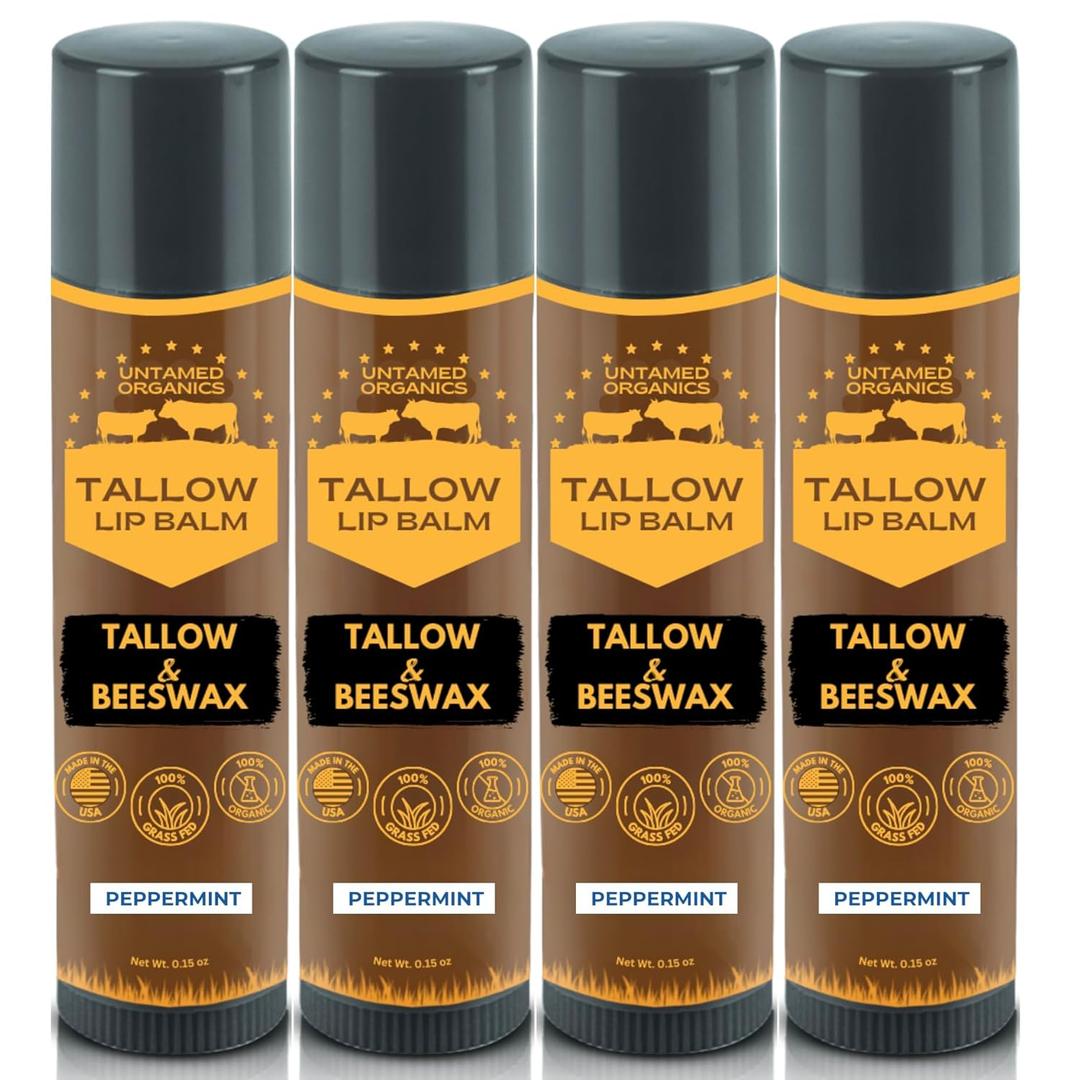 Pure Tallow Lip Balm | 100% Grass-Fed Beef Tallow and Organic Beeswax | Moisturizing Lip Care for Dry, Chapped Lips | Hypoallergenic, Fragrance-Free | Handcrafted in USA | 4-Pack (Peppermint)