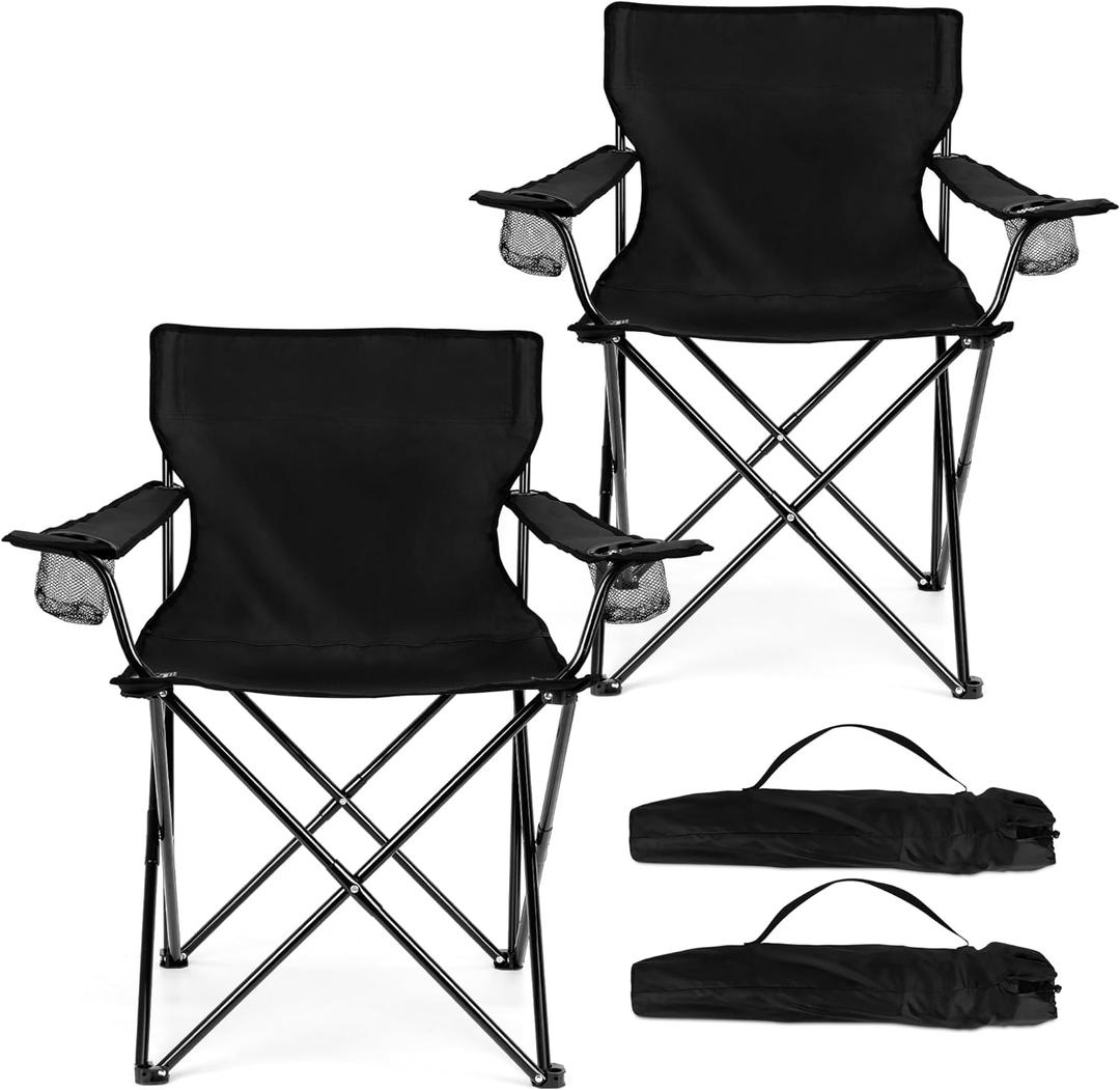 HaSteeL Foldable Camping Chair Set of 2, Folding Camp Chairs for Adults, Large Portable Lawn Chair for Outdoors Fishing, Hiking, Travel, Picnic, Beach, Supports 275lbs & Include Storage Bags (Black)