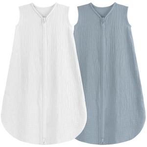 2 Pack Baby Sleep Sack 12-18 Months 100% Organic Cotton Muslin Baby Sleeping Bag 2-Way Zipper Toddler Wearable Blankets Comfy Stretchy Thin Sleep Sacks (Large, Grey & White Tog 0.3)