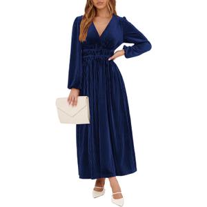 Sissyaki Women's Long Sleeve Velvet Dresses Fall Winter Long Dress Wedding Guest Party Maxi Dress (Large, B#navy Blue)