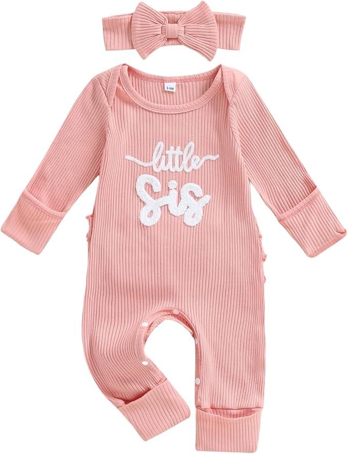 allshope Infant Baby Girl Fall Outfit Sweatshirt Romper Little Sister Lil Sis Long Sleeve Jumpsuit Newborn Clothes (Waffle Little Sis Pink, Newborn)