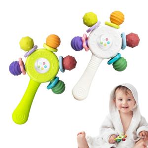 2PCS Baby Sensory Teething Toys-Rattle Stick,Food Grade BPA Free Chew Toy,Grip Strengthening Handle for Hearing Teeth Development,Infant Learning Toys for Aged 0-36 Months (White+Green)