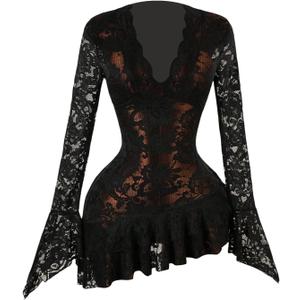 Milumia Women's Lace Ruffle Layer Sheer Mini Dress Deep V Neck Long Sleeve Short Dresses (Large, Black)