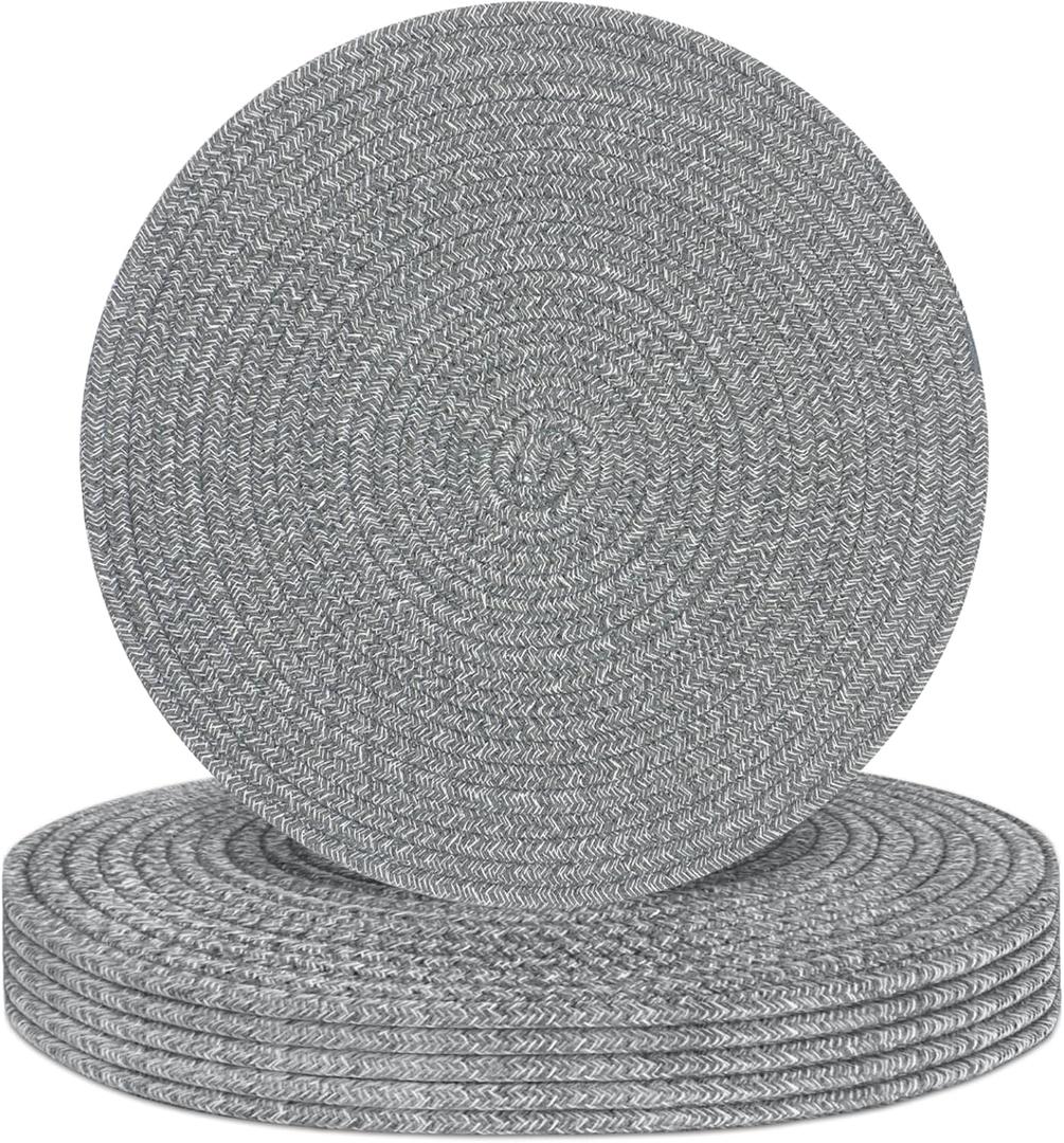 Round Placemats Set of 6, Cotton Rope Woven Table Mats, Hot Pads for Kitchen, Non Slip Heat Resistant Place Mats, 13 Inches Braided Placemat for Farmhouse Decor and Kitchen Table Decor (Gray)