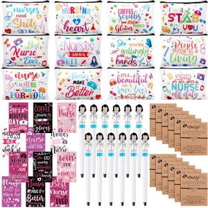 Sabary 48 Pcs Nurse Appreciation Gifts Set 12 Nurse Makeup Cosmetic Bag 12 Notebooks Pocket Journal 12 Doctor Nurse Ballpoint Pens 12 Stethoscope Rn Bracelet for Nursing Students School (Stylish)