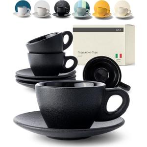 KIVY Cappuccino cups set of 4 [8oz] - Thick-walled stoneware cappuccino cup set for latte art - Latte mugs - Latte cups - Latte mug - Coffee cup black - Ceramic latte cup and saucer