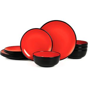 TP 12-Piece Dinnerware Set, Melamine Dishes Set with Bowls and Plates, Non-breakable and Lightweight Dinner Service for 4, Glossy Black and Red