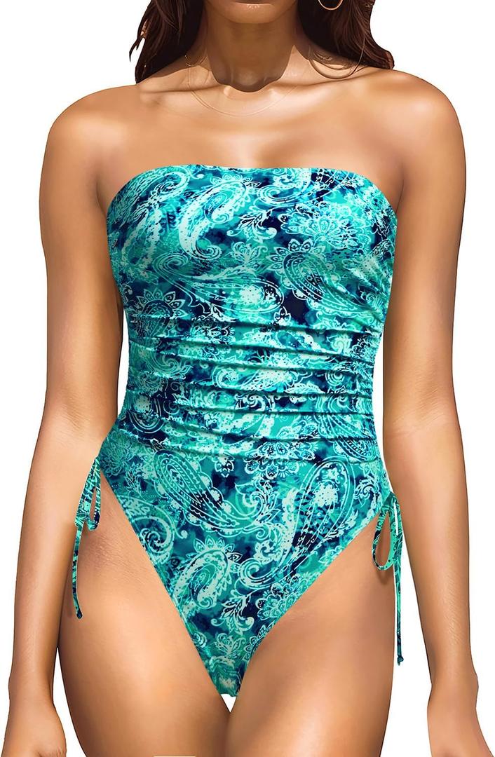 Yonique Women Strapless One Piece Swimsuit Tummy Control Bandeau Bathing Suit Cheeky Swimwear (Large, Green Paisley)