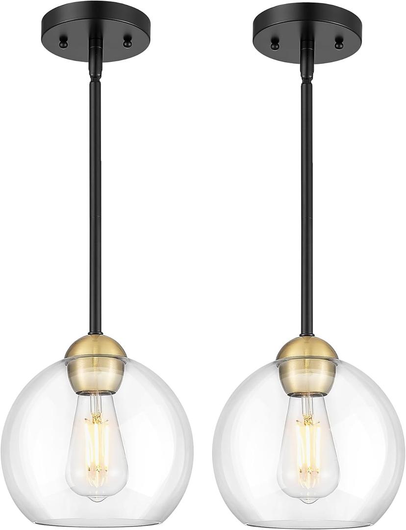 Emak Modern 8 Inch Glass Pendant Lights Kitchen Island, 2 Pack Black and Gold Pendant Light Fixtures, Farmhouse Globe Island Lights for Kitchen, Dining Room, Bathroom, PL121-BKBGD-CG-2PK