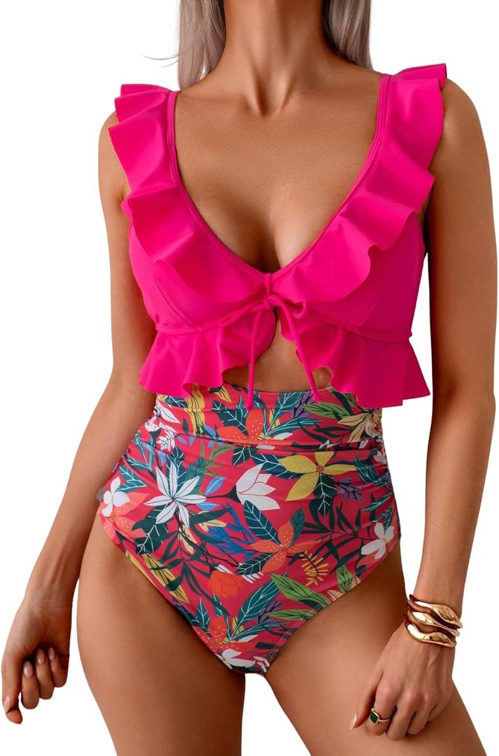 Eomenie One Piece Swimsuit for Women Tummy Control Ruffle Bathing Suit V Neck Ruched Swim Suit Slimming Cutout Swimwear (Medium, Hot Pink Floral)