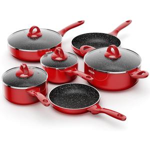 Induction Cookware Pots and Pans Set 10 Piece, BEZIA Dishwasher Safe Nonstick Cooking Pans, Stay-Cool Bakelite Handle, Scratch Resistant Kitchen Sets with Frying Pans, Saucepans & Stockpot (Red)