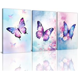NAMENLAIMI Butterfly Canvas Wall Art Decor 3 Piece Colorful Butterfly Picture Wall Decor Watercolor Butterfly Canvas Prints for Bathroom Girls Room Decor Frame(Butterfly-1,16.00" x 24.00" x 3Pcs)
