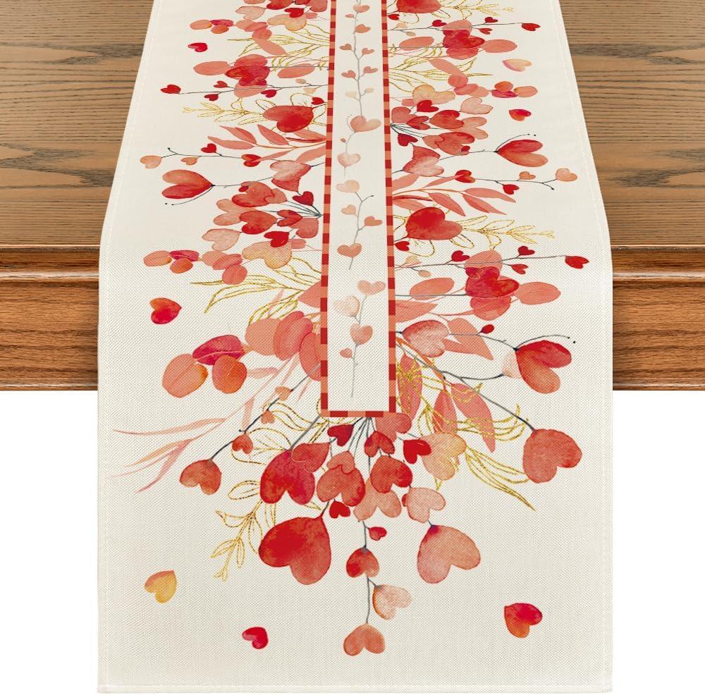 Artoid Mode Red Heart Branch Table Runner, Seasonal Leaf Kitchen Dining Table Decoration for Home Party Decor 13x72 Inch