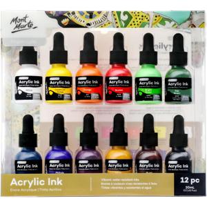 Mont Marte Acrylic Ink Premium 12pc x 20ml (0.7 US fl.oz), Acrylic Inks for Artists, Essential Colors, Ideal for Air Brush, Pouring Art, Scrapbooking, Ink Drawing, Mixed Media