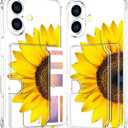 Compatible with iPhone 17 Case Card Holder for Women Cute Design,Wallet Phone Cases Transparent Cool Kawaii Protective (Clear Sunflower Sun Flower)