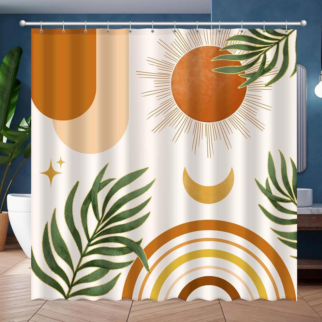 JWXCBIM Boho Mid Century Shower Curtain, Bohemian Orange Minimalist Simple Aesthetic Modern Bathroom Decor, Spring Summer Colorful Rainbow Sun Moon Botanical Fabric Cloth Bath Curtain 72x72 Inches