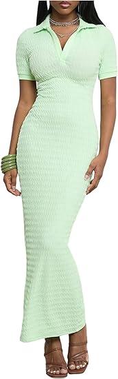 Floerns Women's Summer Long Dress Short Sleeve Button Up Shirts Textured Boho Bodycon Maxi Dresses Green Medium