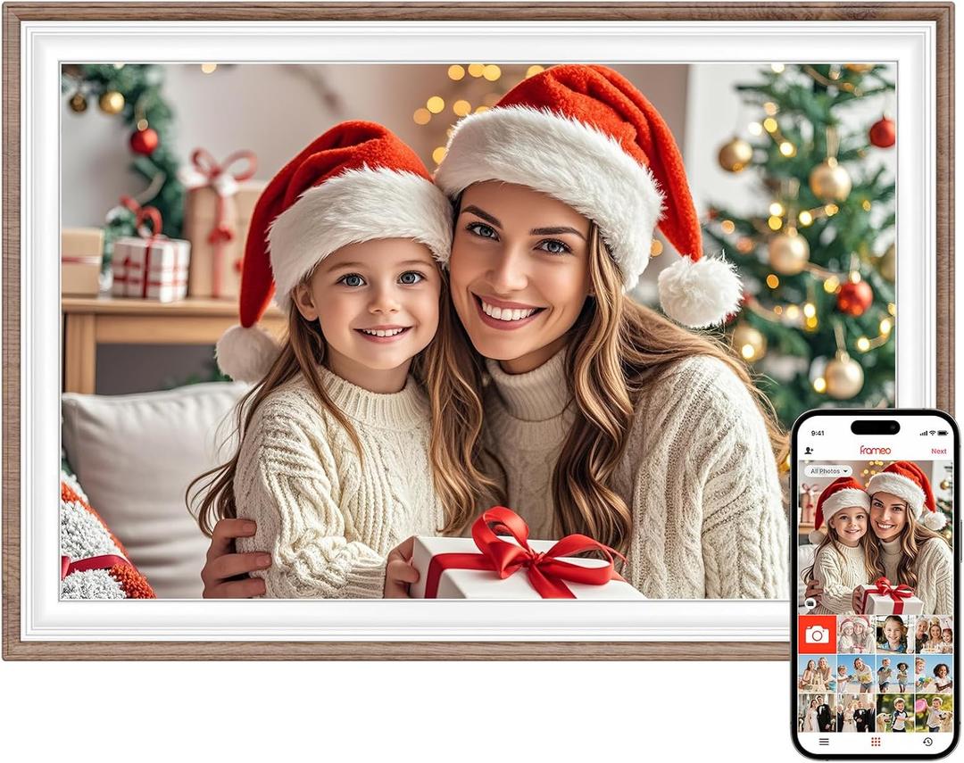 Frameo 10.1" Digital Picture Frame, Smart WiFi Digital Photo Frame with 1280x800 HD IPS Touch Screen 32GB Storage Auto-Rotate Wall Mounted, Share Photos/Videos Remotely(Brown&White)