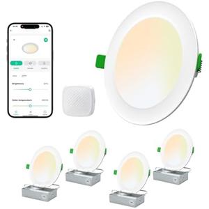 LEPOWER-TEC Recessed LED Can Lights 6 Inch, Smart Wi-Fi Connect White LED Ceiling Light, Adjustable 2700K-6500K Downlight with Junction Box, APP & Voice Control, 1100 Lumens, 4 Pack