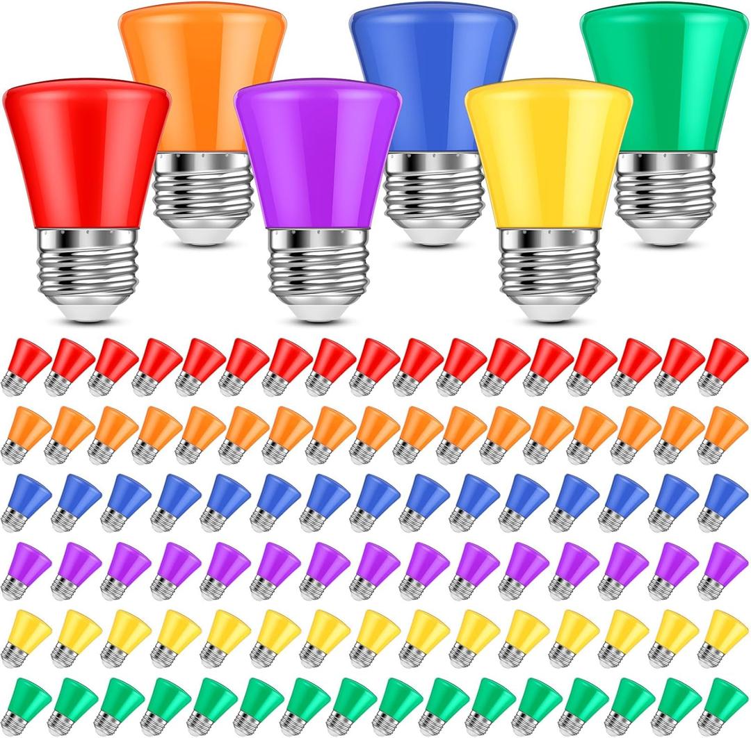 Riakrum 100 Pcs S14 Colored LED Bulbs for Outdoor String Lights 2W Red and Green Christmas Replacement Bulbs E26 Base Plastic Waterproof LED Bulb for Xmas Wedding Halloween Party Decor(6 Colors)