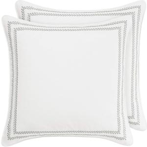 Laura Ashley - Euro Shams, 100% Smooth Cotton with Envelope Closure, Throw Pillow Cover for Bed or Couch, Oeko-Tex Certified, Set of 2 (Stitched Vine Leaf Grey, 26" x 26")