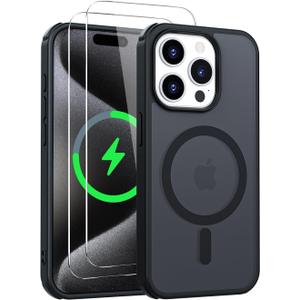 Magnetic for iPhone 15 Pro Case [Compatible with MagSafe] with 2X Screen Protector, Military-Grade Slim Shockproof Phone Cover Translucent Matte Anti-Fingerprint for iPhone 15 Pro 6.1'', Black