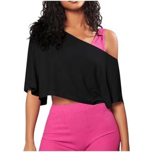 SOLY HUX Women's Off The Shoulder Tee Yoga Workout Crop Top Half Sleeve Asymmetrical Neck Activewear T Shirt M