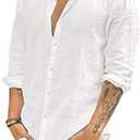 JEKAOYI Mens Casual Long Sleeve Cotton Linen Shirts Buttons Down Solid Plain Roll-Up Sleeve Summer Beach Shirts White (L)
