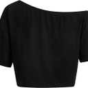 Hilinker Womens Graphic Off Shoulder Crop Tops Asymmetrical Short Sleeve T Shirt Loose Casual Tee Black 1990 (Black, XL)