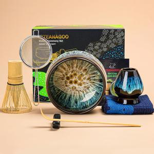 TEANAGOO Matcha Whisk Set, 7 Pcs Matcha Set with Holder/Scoop/Sifter, Matcha Kit for Ceremony, Matcha Tea Set for Making Breakfast/Latte, Matcha Whisk Set and Ceramic Bowl, Gift for Friend/Family (Junware-green 1)
