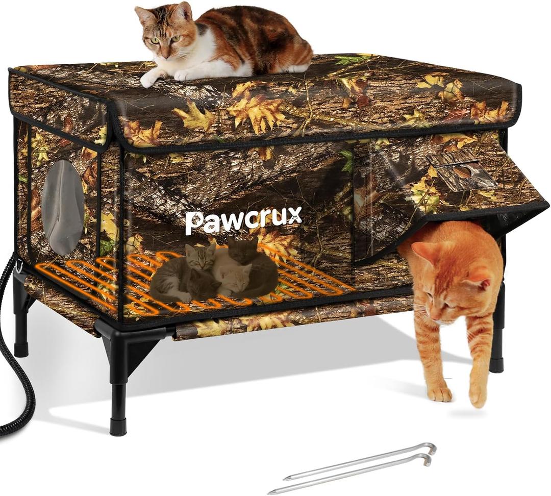 Weatherproof Heated Cat House for Outdoor in Winter, Heated Cat Bed Kitty Shelter with Cat Heating Pad, Insulated & Safe Escape Door, Warm House for Outside Stray Cat (Leaf Color, 17"x25"x17")