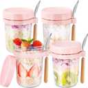 Glass Overnight Oats Containers with Lids and Spoon, 16oz Wide Mouth Mason Jars for Overnight Oats, Cereal, Yogurt, Salad Lunch Container with Measurement Marks - Pink 4 Pack