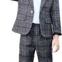 Boys Plaid Blazer Pants Set Casual Suit Classic Kids 2 Piece Sport Coats Outfits (Grey, 10-12)