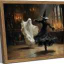 Framed Halloween Witch Wall Art - Witch Dancing with Ghost Canvas Print, Vintage Gothic Dark Academia Halloween Wall Decor for Bedroom Living Room, 16x24in Wood Frame
