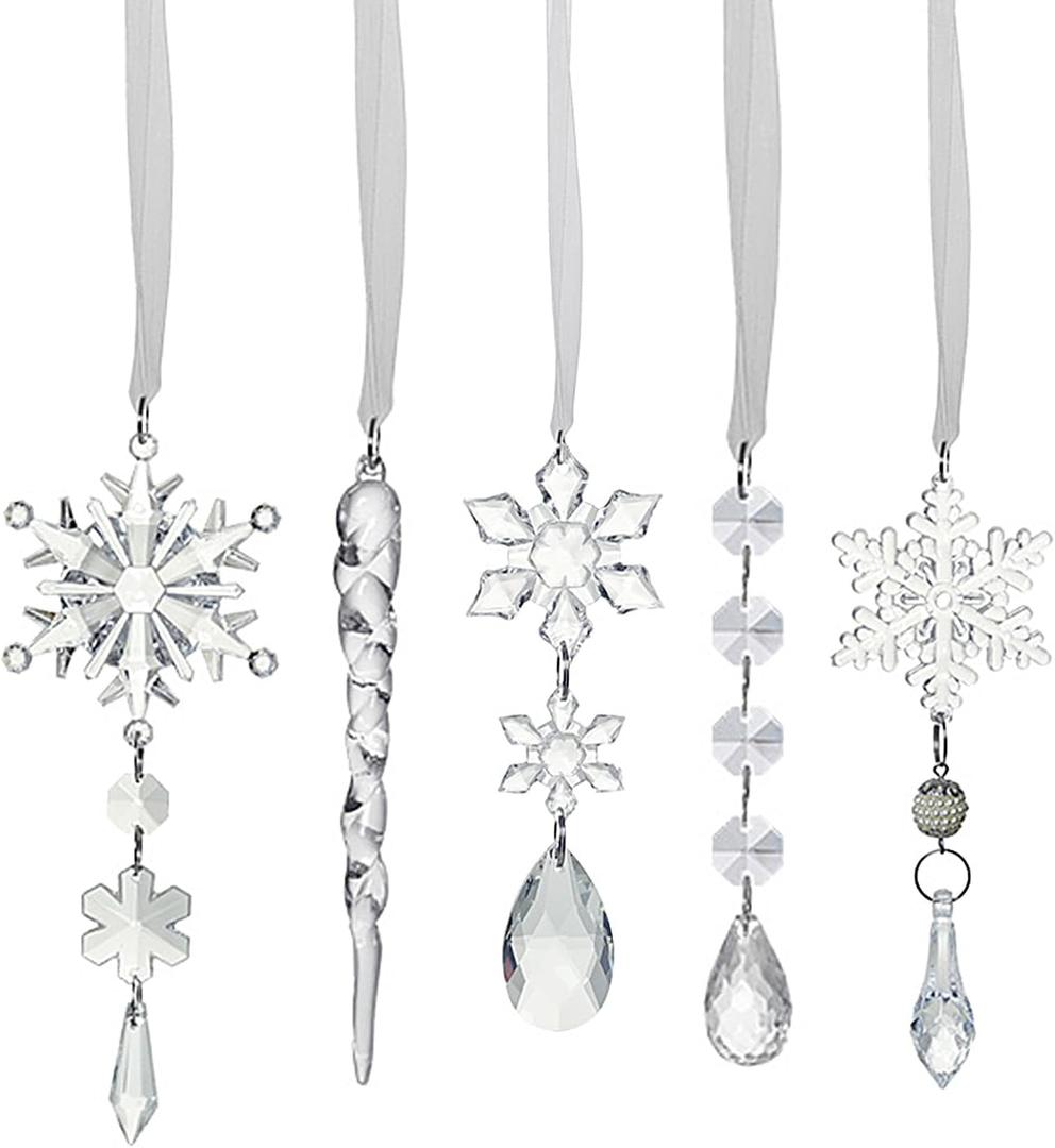 5Pcs Hanging Ornaments for Christmas Chandelier Garland Strands Snowflake Ornament Acrylic Clear Beads Prisms Pendant for Christmas Tree Window Home Decoration