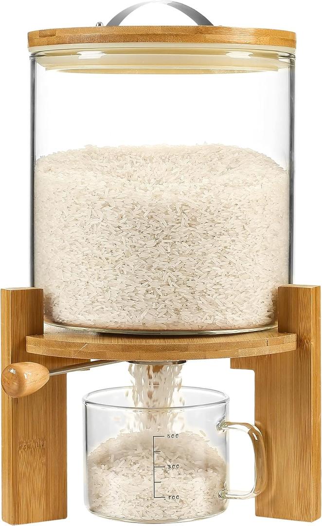 Rice Dispenser, Rice Storage ContainerFlour and Cereal Container with Airtight Lid and Wooden Stand, Glass Food Storge Container for Kitchen Organization and Pantry Store (5L)