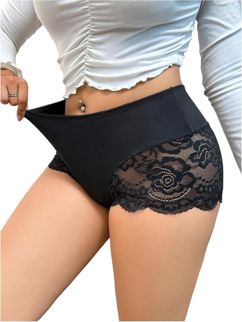 OYOANGLE Women's Plus Size Contrast Lace Boyshorts Mid Rise Tummy Control Panties Underwear Black 3X-Large Plus