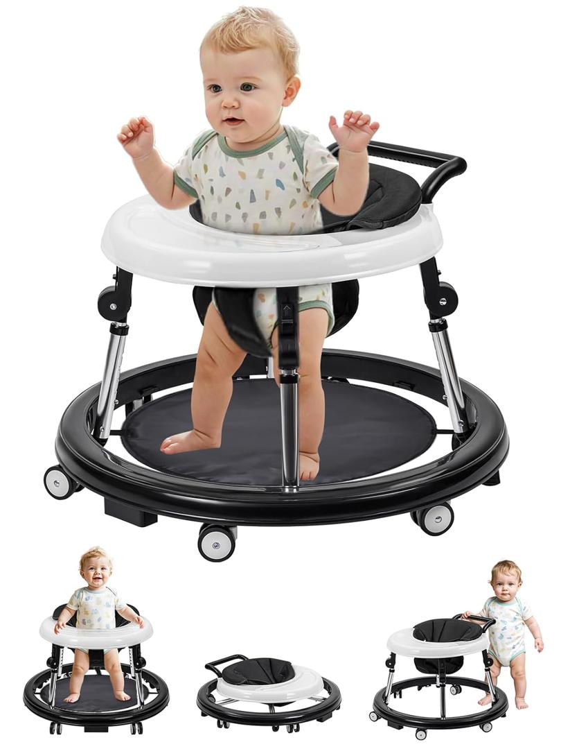 Baby Walker with Wheels: Adjustable Height & Foldable Design, Mute Wheels & Anti-Rollover Feature, Includes Footrest, Perfect for Boys & Girls 6-18 Months (Black)