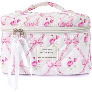 Makeup Bag Large Travel Quilted Cosmetic Bag Organizer, Floral Cotton Coquette Aesthetic Toiletry Bag Gift for Women Girls (Pink Bow Flowers-L)