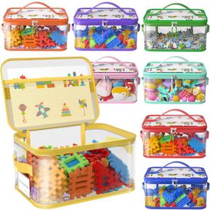 8 Packs Extra Large Toy Storage Bags with Labels, Reusable Clear PVC Board Game Storage, Travel Waterproof Toy Organizer Bags with Name Tag and Manual Pocket for Building Blocks, Puzzle, Kids Books