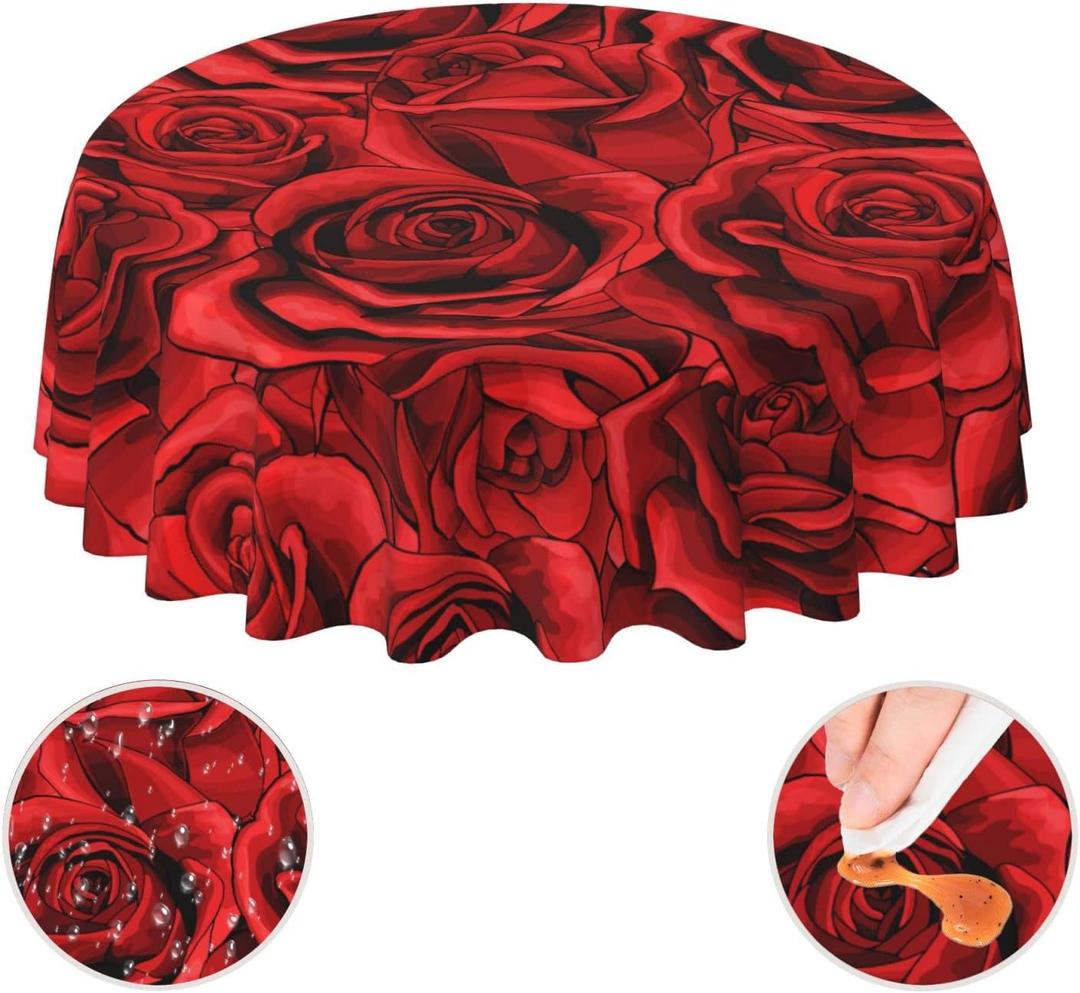 Anniversary Valentine'S Day Rose Flower Floral Red Waterproof Picnic Patio Party Round Table Cloth Cover Decorations Fabric 60 Inch Circular Tablecloth For 20-47 Inch Home Dining Room Kitchen Decor (Black15)