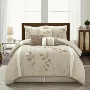 Stratford Park Beige Comforter Set California King Size, 7 Piece Embroidery Bedding Set, Pillow Sham, Bedskirt, Decorative Pillow, Floral Comforters, Home Decor
