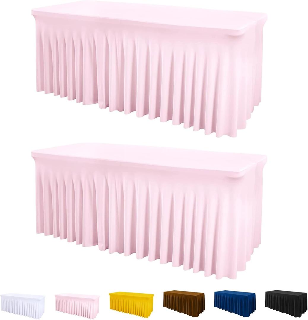 ManMengJi Table Cover and Table Skirt One-Piece for Folding Tables, 6FT Spandex Fitted Tablecloth with Ruffles Skirt for Weddings, Banquets, Parties, Vendors (Pink 2Pack)