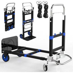 Black Convertible Hand Truck Dolly Cart with 4 Wheels Heavy Duty,500 Lbs Capacity, 2 Straps for Moving Furniture/Appliance/Carton/Warehouse/Office/no Need to Install, Follow Video to Fold