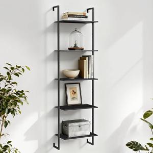 GHIMIGN 5 Tier Industrial Ladder Bookshelf 15.74" Dx9.44 Wx62.99 H, Wall Mounted Bookcase with Metal Frame for Home Office, Living Room, Study，Black